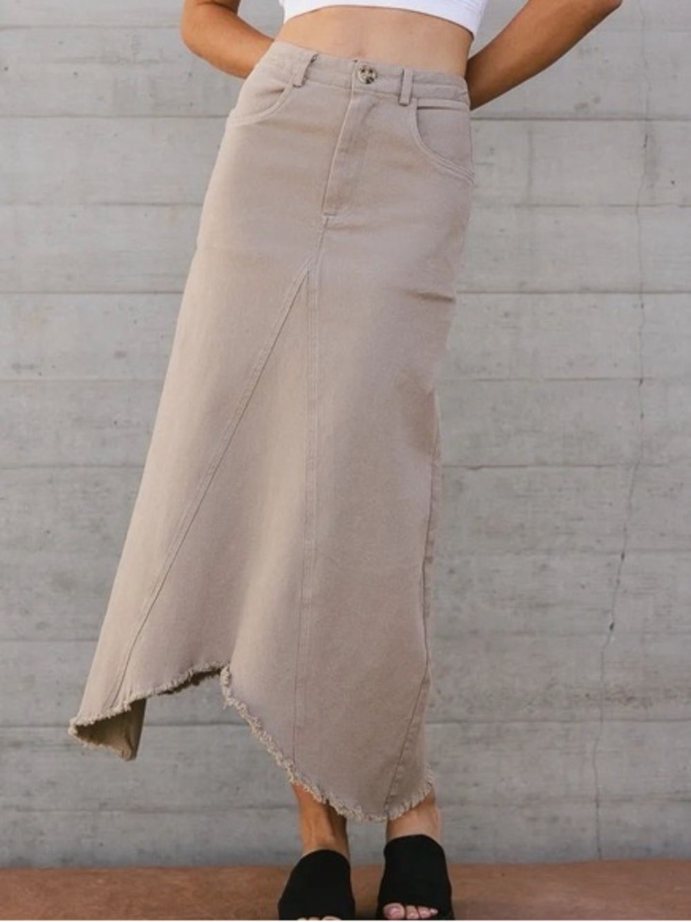 bohme Beige Asymmetrical Maxi Skirt with Frayed Hem